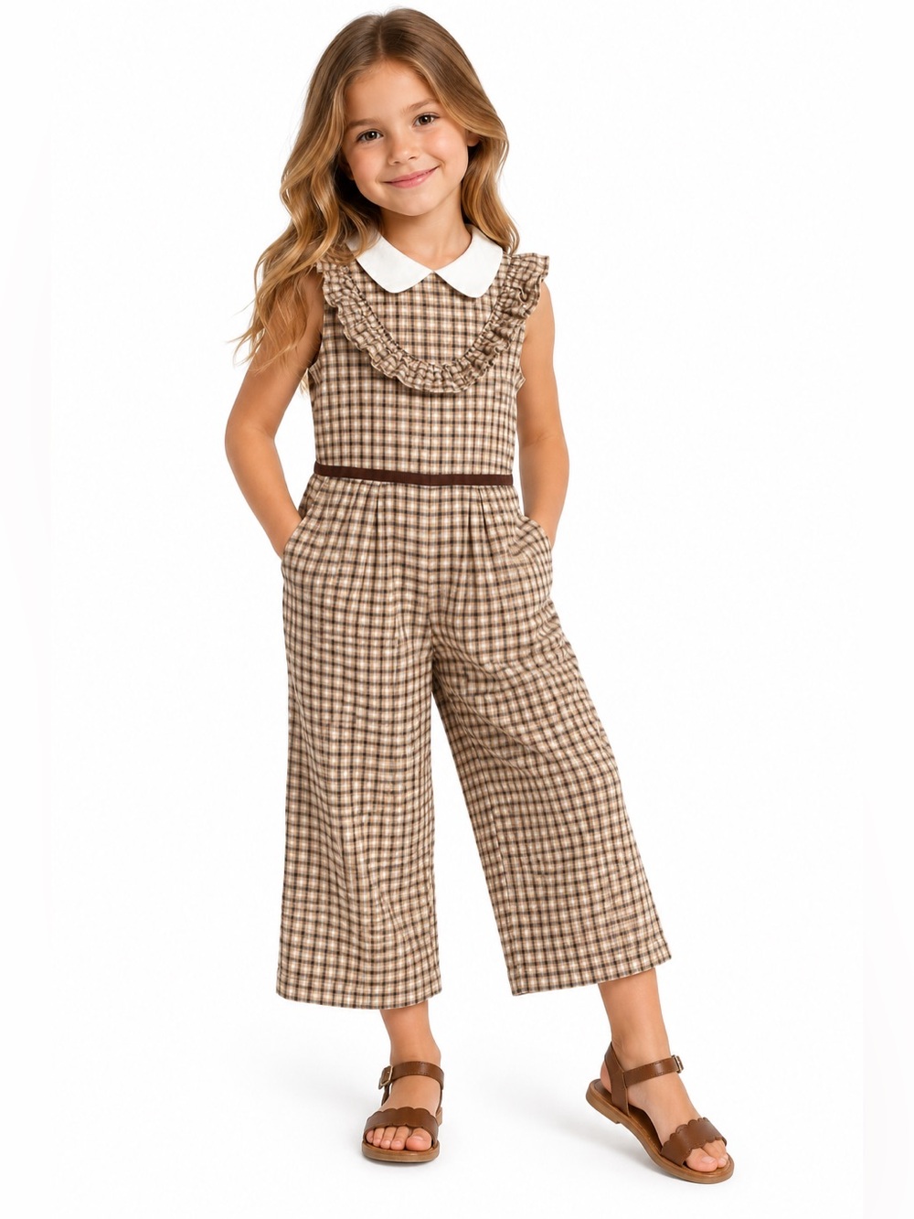 Janie and Jack Girls Plaid Ruffle Wide Leg Jumpsuit Size 6